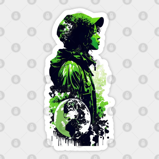 Join the Movement with Our Abstract Black, White, and Green Climate Activist Girl Design Sticker by Greenbubble